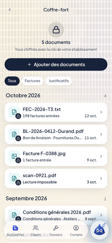 Le coffre-fort de Letikette : cinq documents, tous chiffrés avec la clé de votre établissement.