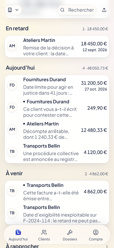La file du matin dans Letikette : les clients à traiter aujourd’hui, chacun avec son montant, sa date et ce qui se passe.