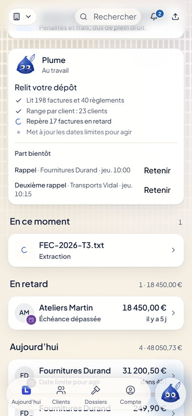Le bloc de Plume dans Letikette : ce qu’il fait en ce moment, puis « Part bientôt », un rappel et un deuxième rappel, chacun avec son bouton « Retenir ».